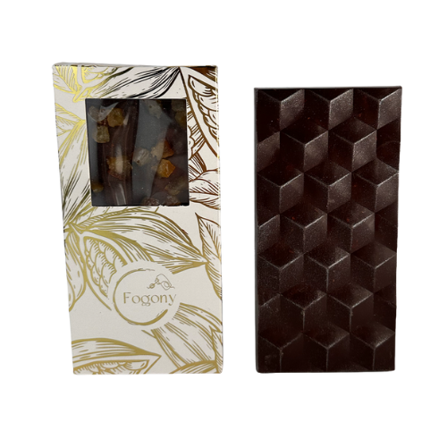 Tableta de chocolate negro, almendra y naranja Fogony