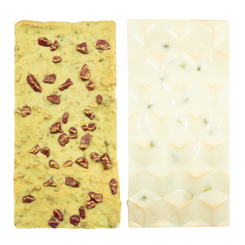 Tableta de chocolate blanco con pistachos y frambuesas Fogony